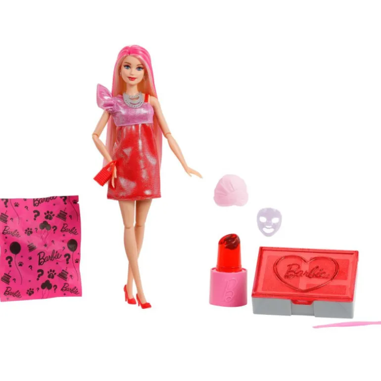 Barbie Muñeca Red Sparkle de la Serie Glam Party de Party Unboxed y Accesorios