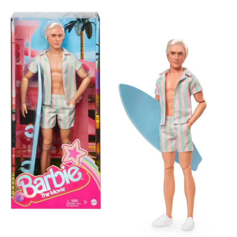 Barbie The Movie Muñeco Ken con Conjunto de Playa a Rayas Rosa y Verde Pastel, Tabla de Surf y Zapatillas