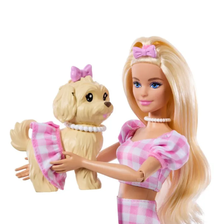 Barbie Twinning Looks nº 5 Muñeca Rubia con Conjunto de Ropa Rosa, Perrito y Accesorios