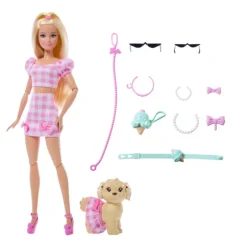 Barbie Twinning Looks nº 5 Muñeca Rubia con Conjunto de Ropa Rosa, Perrito y Accesorios