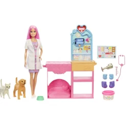 Barbie y su Clínica Veterinaria Muñeca con Pelo Rosa, Muebles de Consulta y Accesorios
