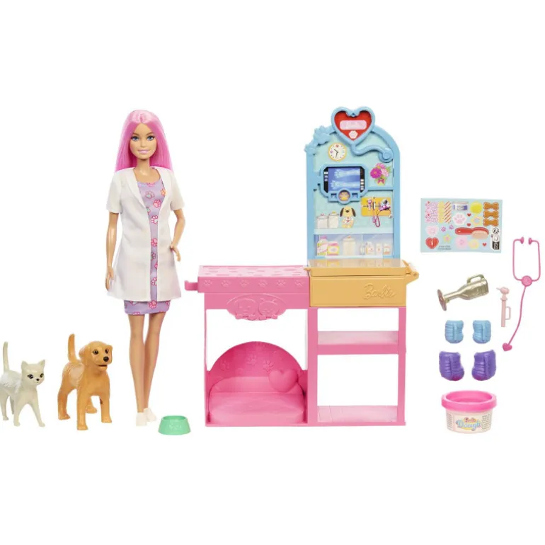 Barbie y su Clínica Veterinaria Muñeca con Pelo Rosa, Muebles de Consulta y Accesorios