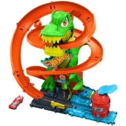Hot Wheels City Conjunto de Juego T-Rex Batalla en Llamas con Coche Metálico Escala 1:64 y Dinosaurio Enemigo