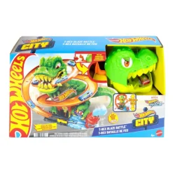 Hot Wheels City Conjunto de Juego T-Rex Batalla en Llamas con Coche Metálico Escala 1:64 y Dinosaurio Enemigo