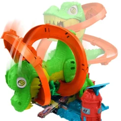 Hot Wheels City Conjunto de Juego T-Rex Batalla en Llamas con Coche Metálico Escala 1:64 y Dinosaurio Enemigo