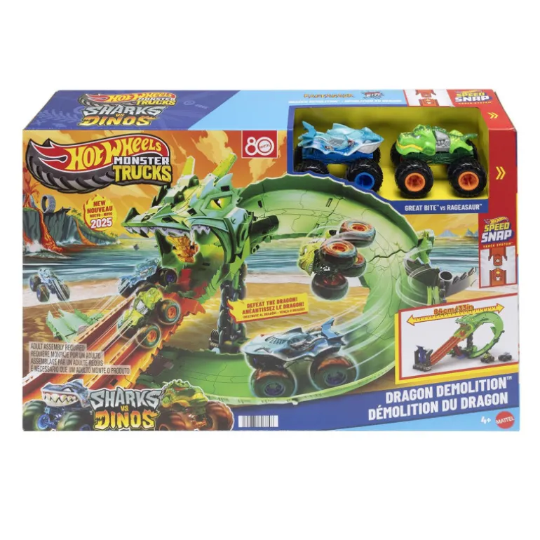 Hot Wheels Monster Trucks Conjunto Destrucción del Dragón Serie Sharks Vs Dinos