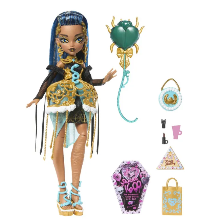 Monster High Muñeca Cleo de Nile de la Colección Cumplespantos con Vestido de Fiesta