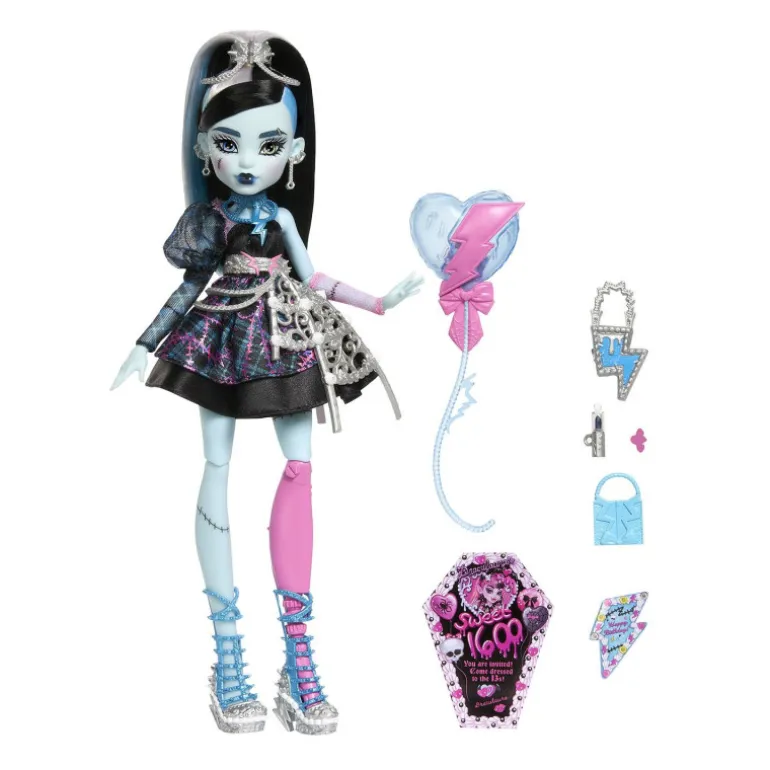 Monster High Muñeca Frankie Stein de la Colección Cumplespantos con Vestido de Fiesta Negro