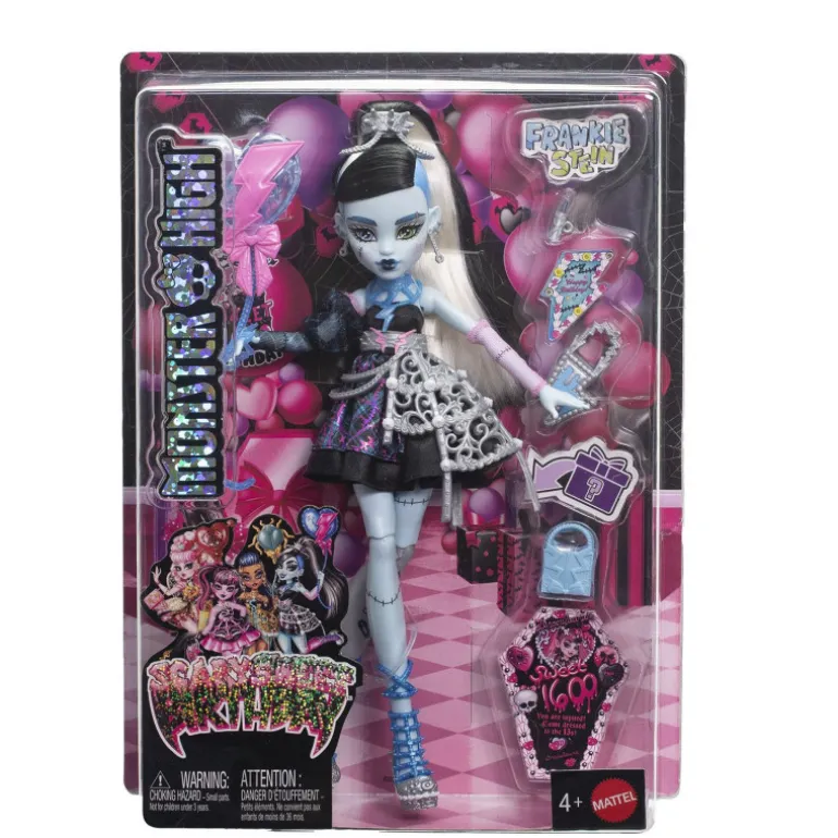 Monster High Muñeca Frankie Stein de la Colección Cumplespantos con Vestido de Fiesta Negro