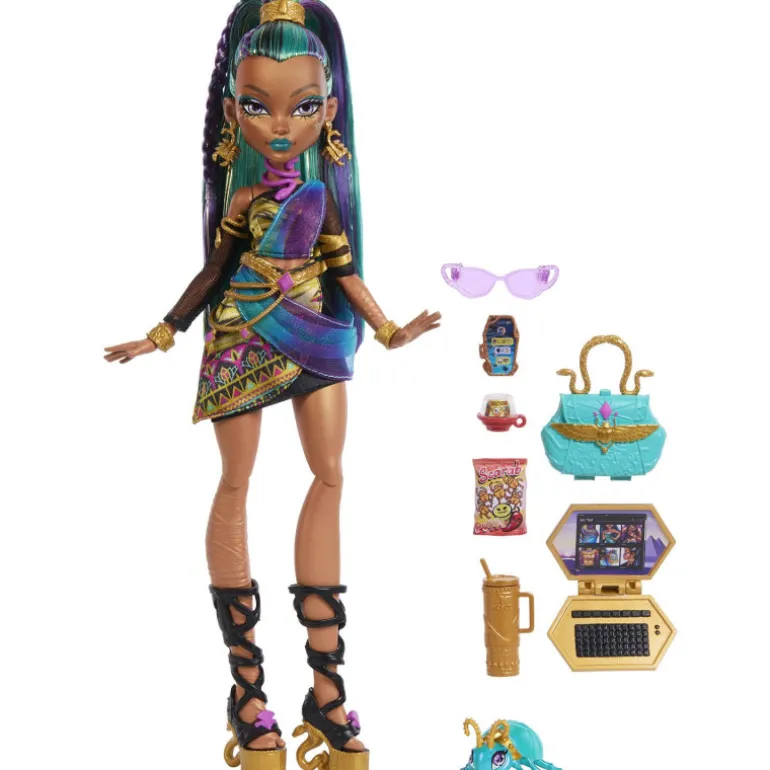 Monster High Muñeca Nefera De Nile con Escarabajo Mascota Lavish y Accesorios