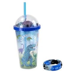 Vaso con Pajita y Pulsera Dino Brilla en la Oscuridad